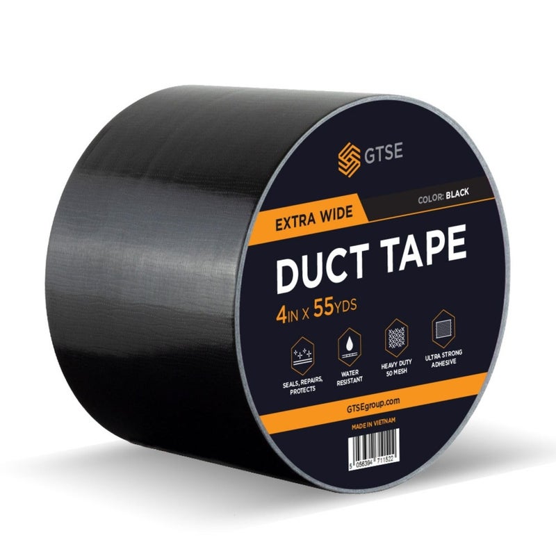 GTSE Wide Duct Tape, Black, 4 Inches x 55 Yards (164 ft), Heavy Duty, Waterproof Repair Tape for Indoor or Outdoor Use, 1 Roll - Image 1